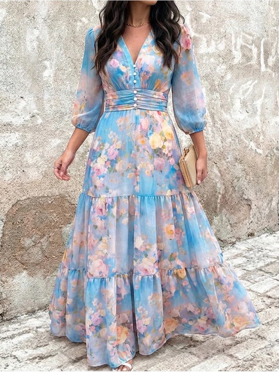 Chic Me Dresses & Skirts - Blue Floral V-Neck Tiered Maxi Dress with Buttoned Waist